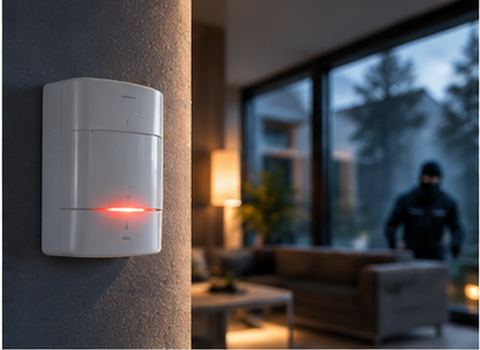 Alarmanlage – Sensor an der Wand mit aktiver Kontrollleuchte