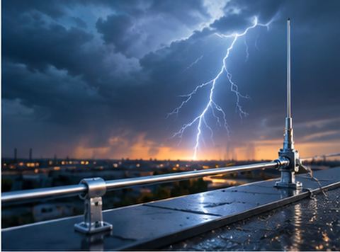 Blitzschutzanlage – Blitzeinschlag über einer Dachanlage