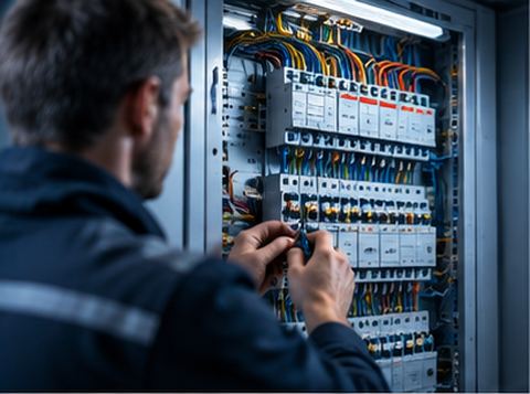 Elektroinstallation – Techniker arbeitet am Sicherungskasten